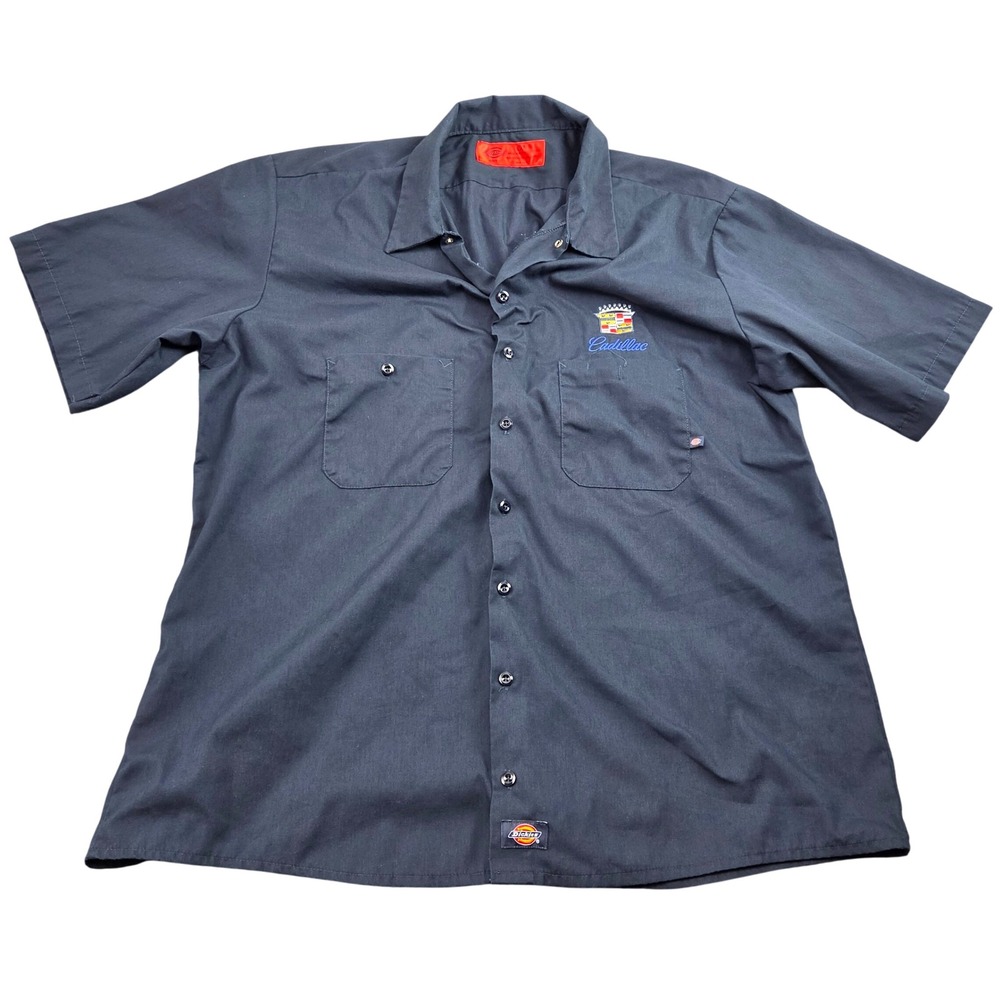 Dickies Cadillac Mechanic Work Shirt Mens 2XL Navy Blue Embroidered Short Sleeve
